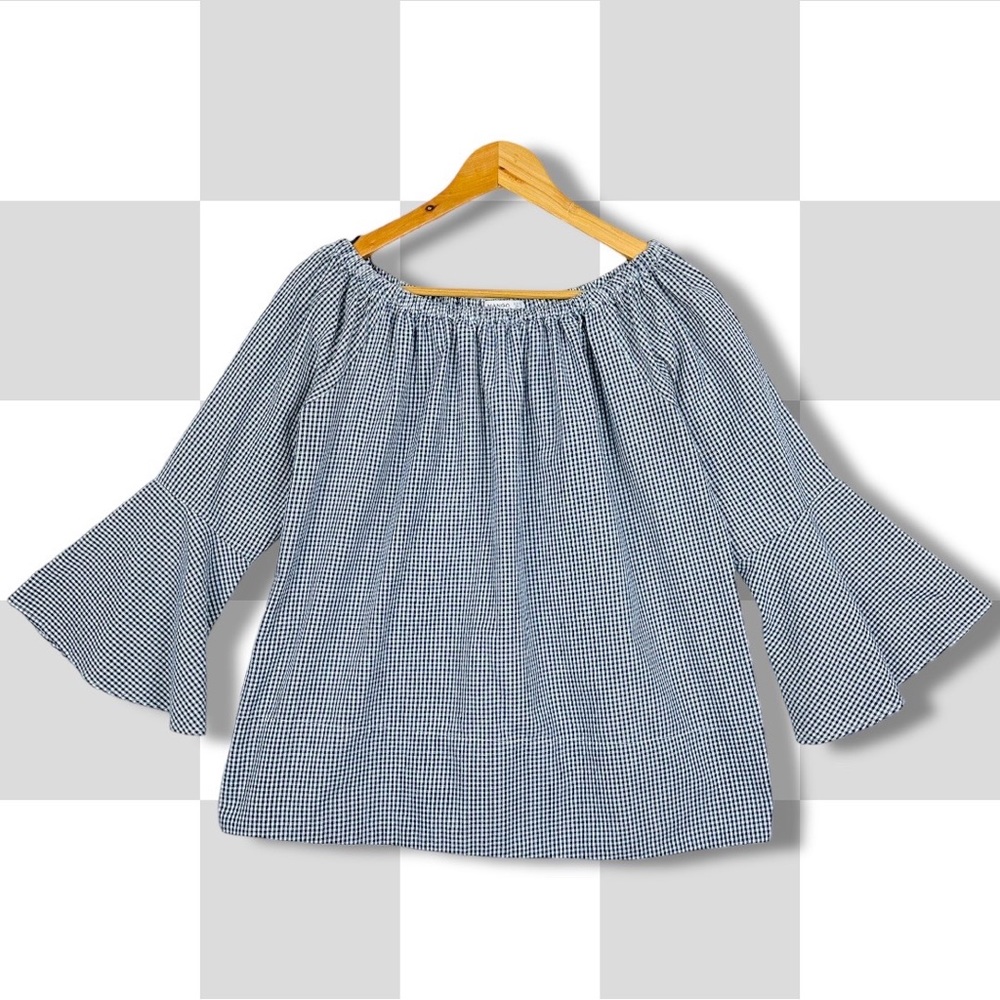 Mango Suit Gingham Textured Slub Woven Off The Shoulder Bell Sleeve Blouse 2